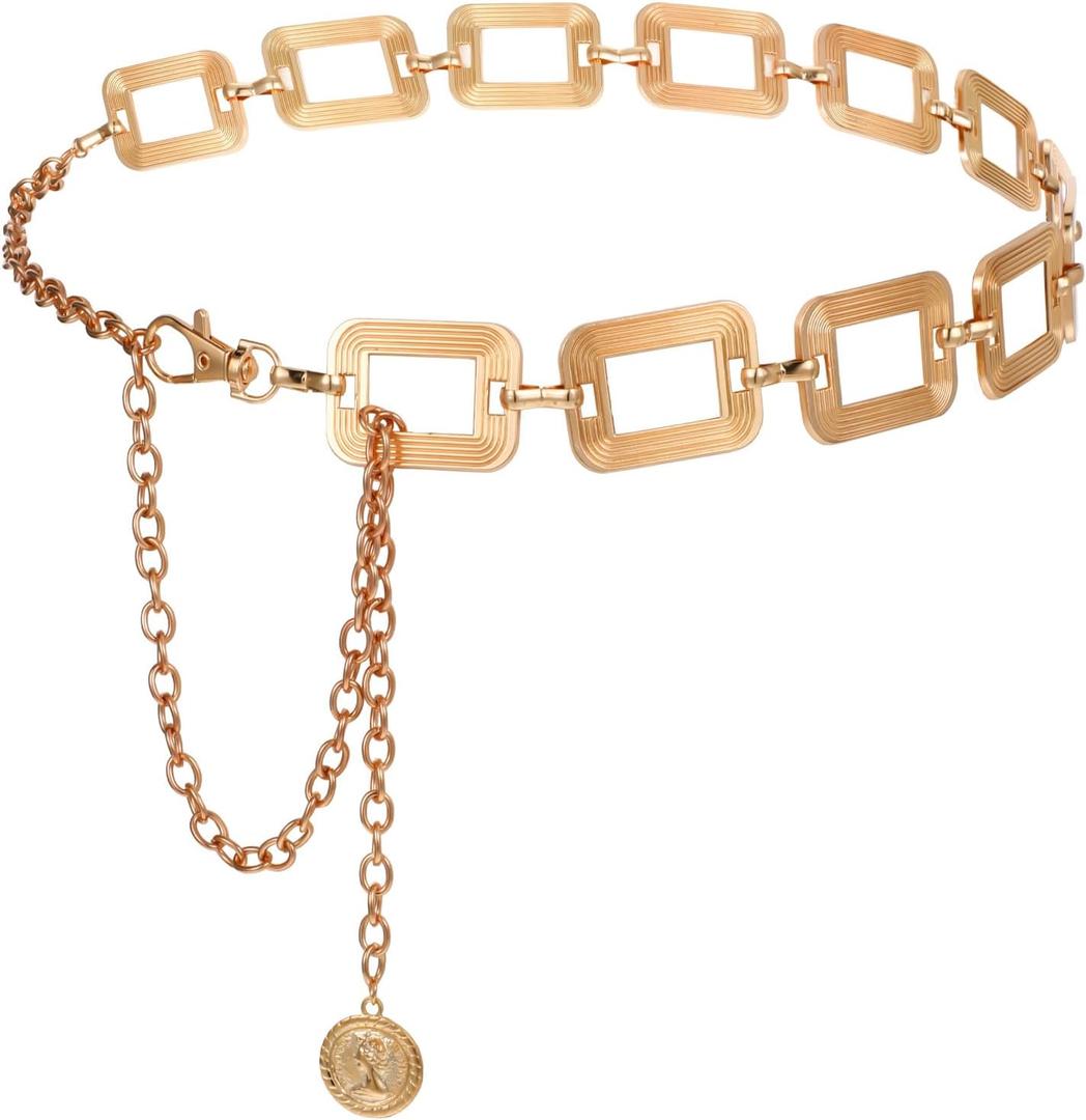 Waist Chain Belt, Metal Belt for Women, Chunky Belly Link Belt, Adjustable Stylish Square Body Link Belts, Stylish Belly Jewelry for Dresses Jeans(Gold)