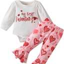 My First Valentines Newborn Baby Girl Outfits Letter Romper Love Heart Print Bell-Bottom Flare Pants Headband (White, 9-12 Months)