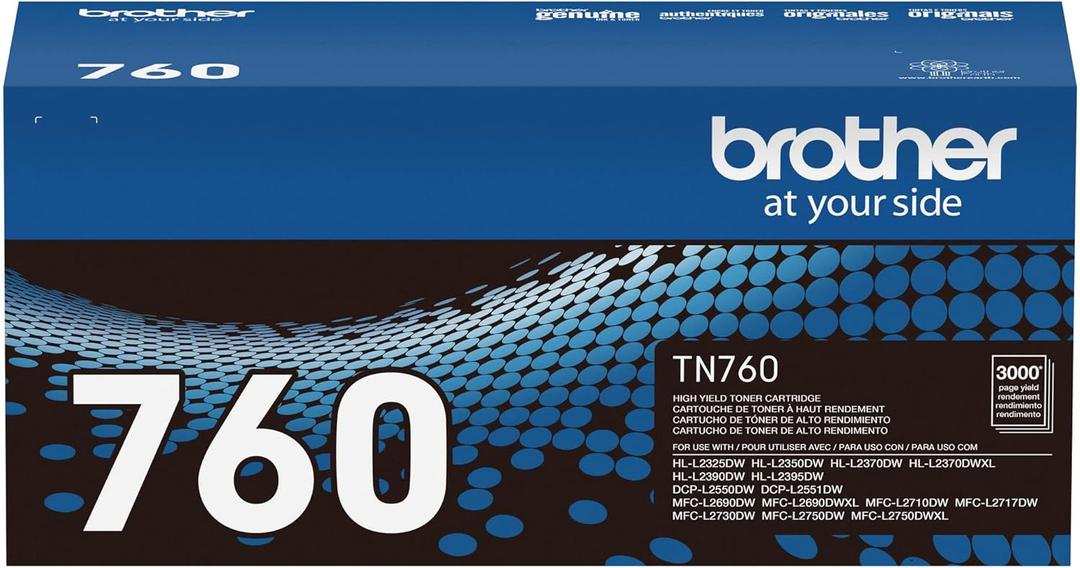 Brother Genuine TN760 High Yield Black Toner Cartridge, (for use with MFC-L2710DW MFC-L2750DW HL-L2350DW HL-L2370DW HL-L2395DW HL-L2390DW DCP-L2550DW Printers) (Pack of 1)