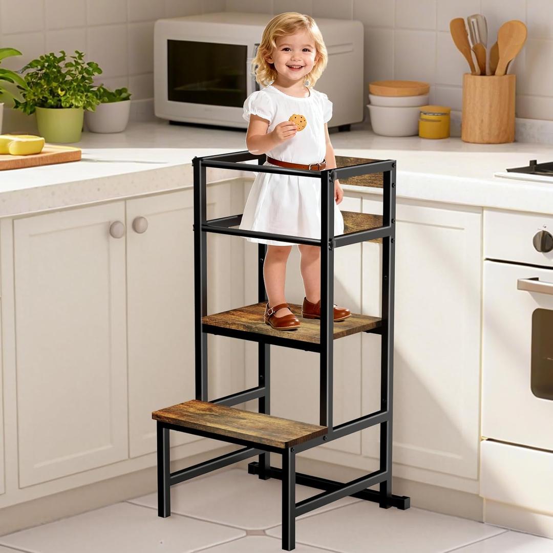 Toddler Tower with Safety Rail, Iron-Frame Toddler Kitchen Stool Helper, 3-in-1 Step Stool for Kids, Sturdy and Durable Wooden Standing Tower with Anti-Tip Support Legs
