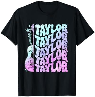 Girl Retro Taylor First Name Personalized Groovy 80's Pink T-Shirt Black