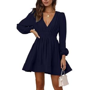 FAIABLE Mini Deep V Sexy Long Sleeve Dress for Women A-line High Waisted Casual Flowy Dress for Cocktail Wedding Guest Navy Blue, Size XL