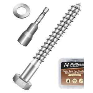 (1Box) 3/8" x 3" Hex Head Lag Screws Bolts with Flat Washers, 10Sets 304 Stainless Steel 18-8 Heavy Duty 3/8 Lag Bolts for Wood with Hex Socket