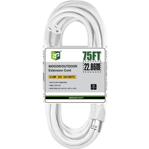 EP 75 Ft Outdoor Extension Cord - 16/3 SJTW White Electrical Cable with 3 Prong Grounded Plug, UL Listed (75ft)
