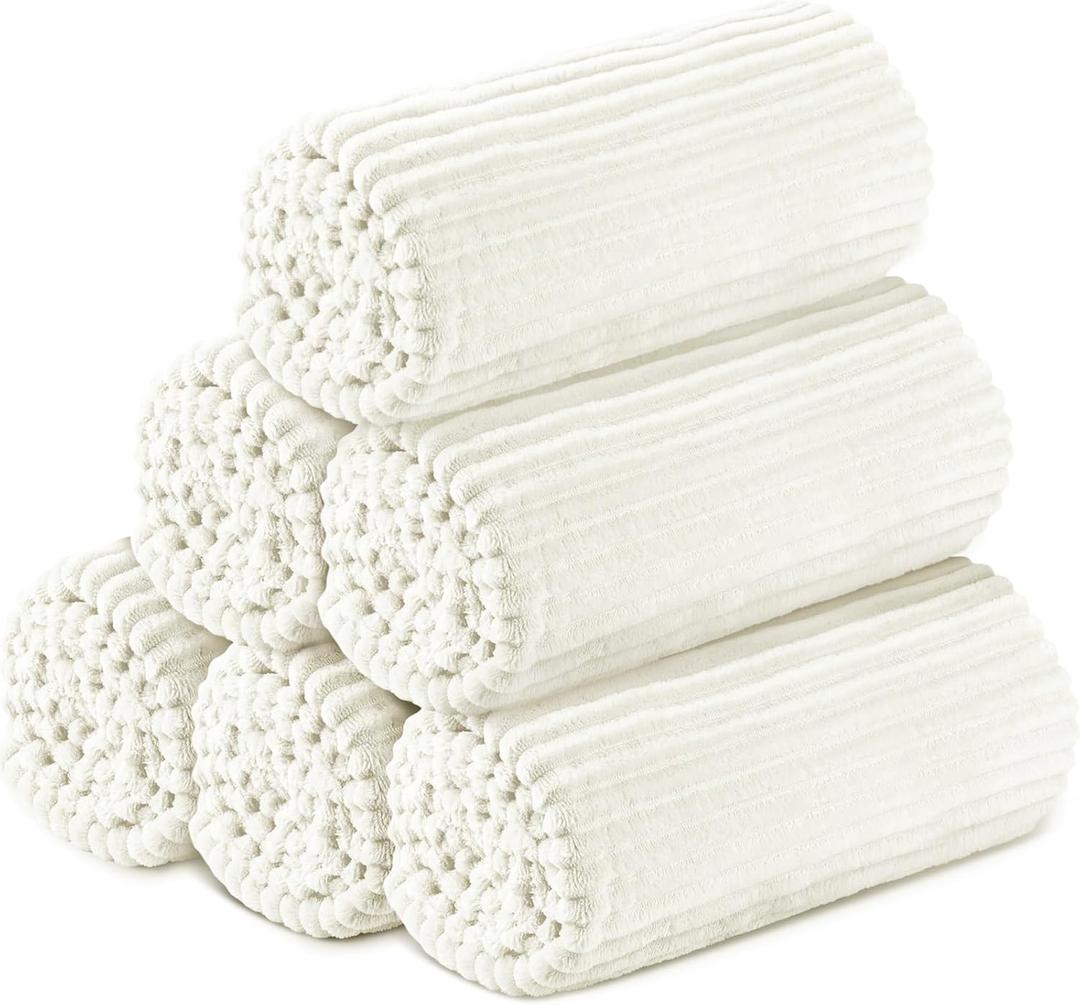 Buryeah 6 Pcs Flannel Throw Blanket Bulk 50 x 60 Inch Sleepover Blankets Wedding Throw Soft Lightweight with Striped Ribbed for Sofa Room Couch Donation Homeless Gifts (White)