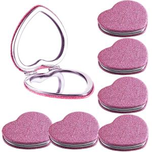 6 Pack Sparkly Pokect Heart Mirror Travel Compact Magnifying Folding Mirror for Purse Mini Vanity Cosmetic Lashes Makeup Double-Sided Cute Glitter Pink