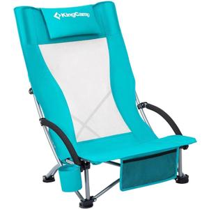 KingCamp Low Beach Chair, High Back Folding Camping Chair for Adults, Oversized Breathable Mesh Seat, 300lbs Heavy Duty Portable Chair with Cup Holder & Storage Pockets for Beach, Outdoor (Ergobreeze-cyan-1 Pack)