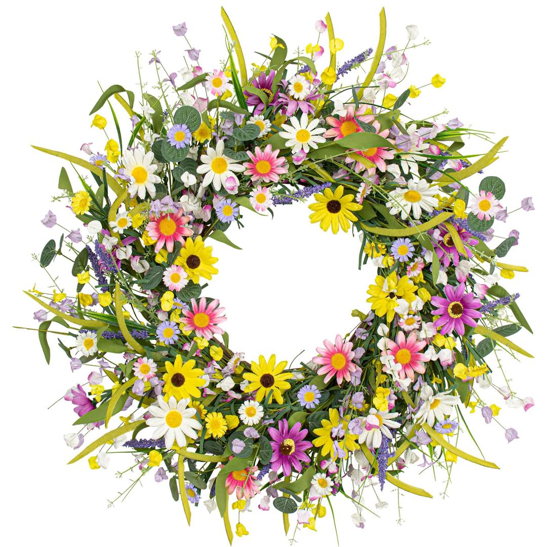 22 Inches Spring Wreaths for Front Door Spring Flower Wreaths Summer Door Wreath Colorful Wildflower Wreath with Daisy Lavender for Window Indoors Outdoor Decor