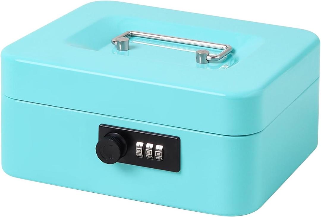 Jssmst Medium Cash Box with Combination Lock - Durable Metal Cash Box with Money Tray, Light blue,7.87 x 6.3 x 3.35 inches