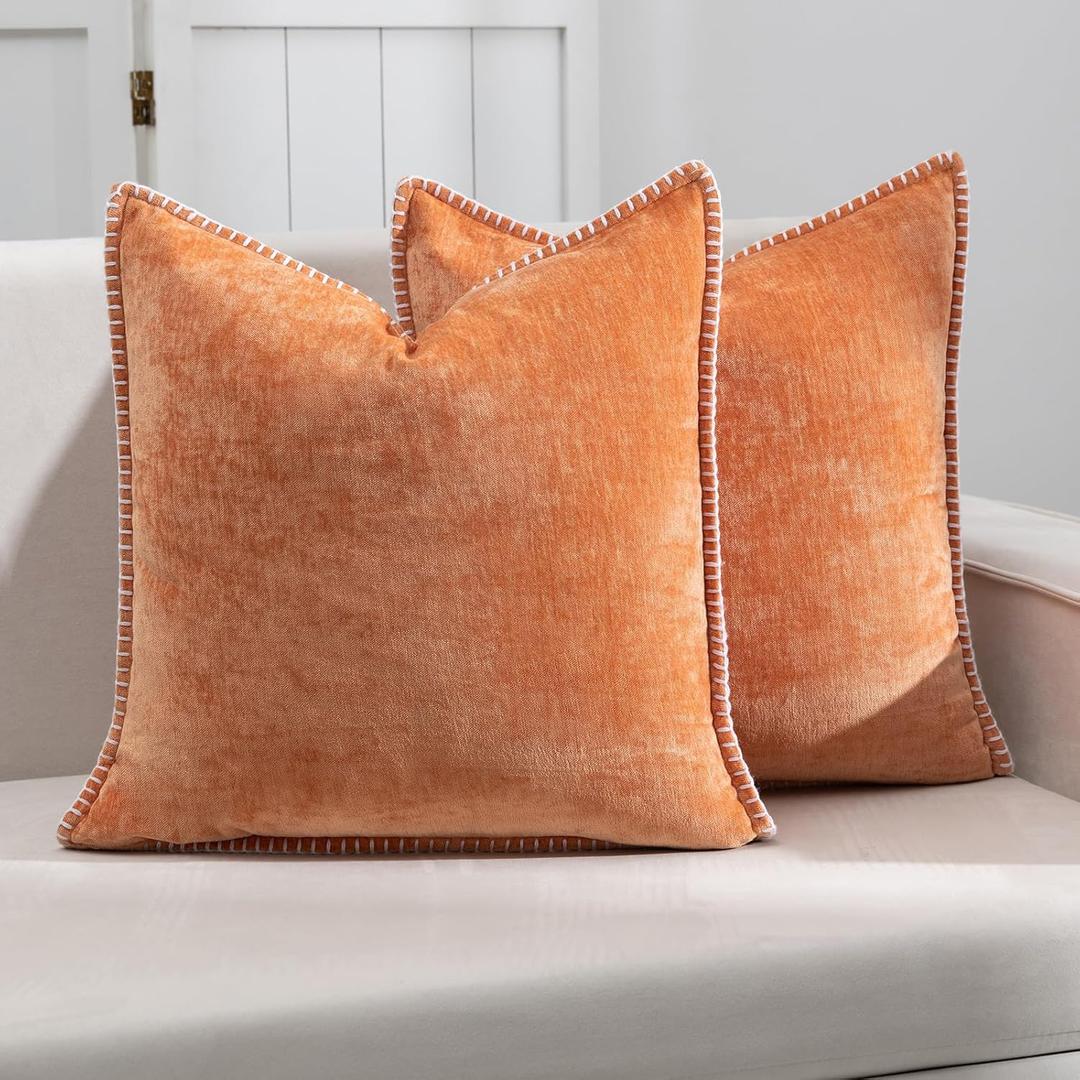 Decorative Throw Pillow Covers Pack of 2, 18x18 in Chenille Soft Pillow Covers with Stitched Edge, Farmhouse Neutral Euro Decorative Pillows for Bed Couch Sofa Home Decor, Orange