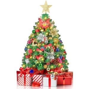 2FT Mini Christmas Tree, Artificial Tabletop Christmas Trees with 60 LED Lights, Prelit Small Christmas Tree, 100 Branch Tips, 80 Ornaments, Indoor Christmas Table Decor for Home Party