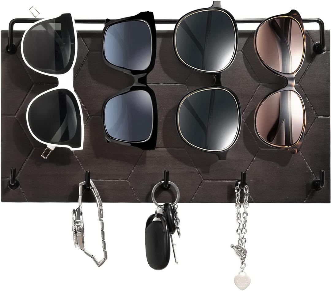 Emibele Sunglass Organizer Wall Key Holder, Decorative Wood Wall Jewelry Organizer Glasses and Sunglass Holder Display with 5 Hooks Key Rack Hanging Eyeglass Storage for Entryway Living Room, Grey