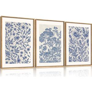 Large Classic Chinoiserie Flower Framed Canvas Wall Art Set, Minimalist Blue and White Floral Wall Decor, Navy Watercolor Botanical Blossom Artwork for Living Room,Bedroom-16 x24 x3 Pack of 3