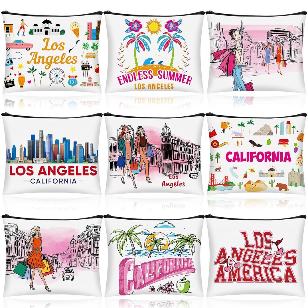 9 Pcs Los Angeles Cosmetic Bag New York Souvenir Zipper Pouch Los Angeles Souvenir Gifts Italy Paris Broadway Alaska Makeup Purse for Girls Women Traveler Birthday Christmas Party Favors