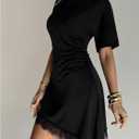 SHENHE Women's Lace T Shirt Dress Asymmetrical Cinched Waist Mini Dresses (Black, M)