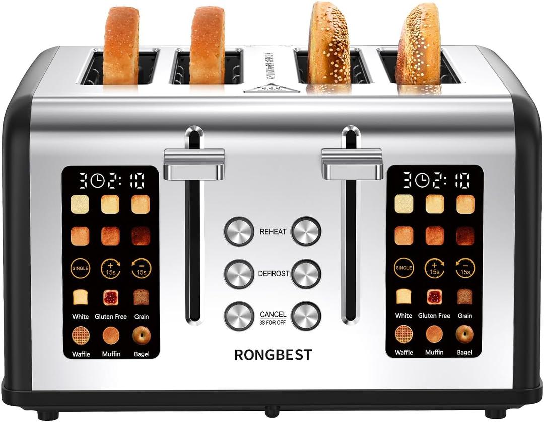 4 Slice Touch Screen Toaster, Easy-to-Use Digital Stainless Steel Toaster with Wide Slots, Reheat Defrost Cancel, Removable Crumb Tray, Matte Black