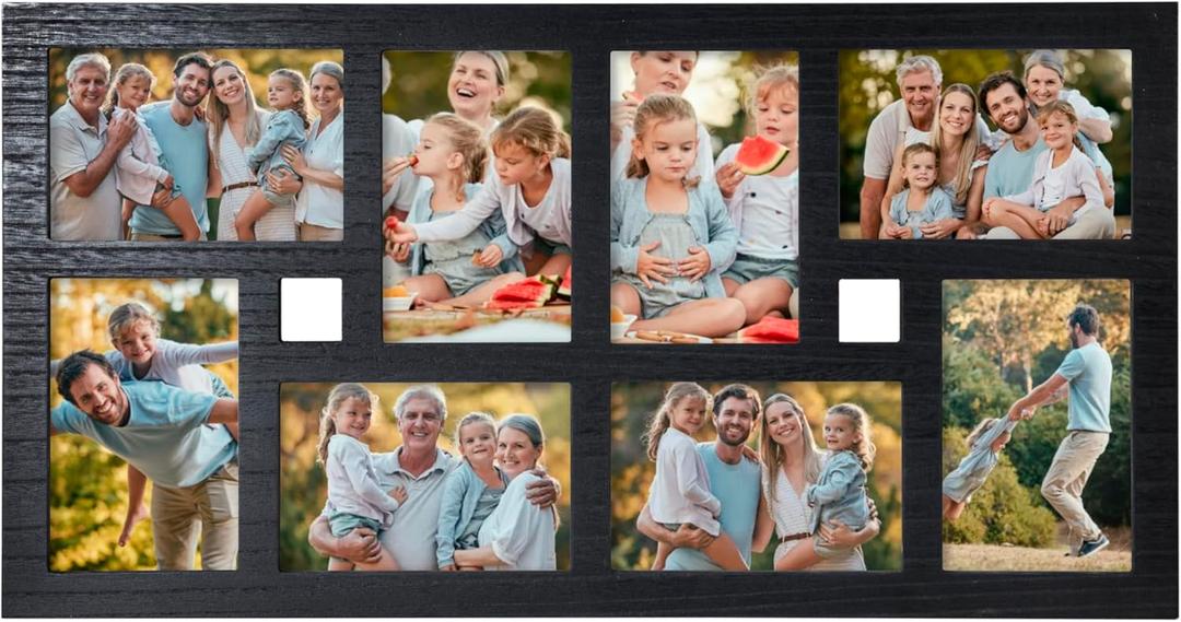 8-Opening Collage Picture Frame Wall Decor  Black Multi Photo Frame for 4x6 Pictures, Holds 8 Photos Total, Rustic Hanging Wall Art for Living Room, Bedroom, or Hallway  22.63 x 11.81 Inch