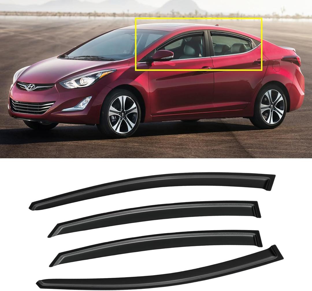 Window Visor for Hyundai Elantra Sedan 2011-2016 (Excludes GT), Out-Channel Rain Guards Shields Vent Deflector Shade Wind Dark Smoke, Tape-On Outside-Mount, 4PCS