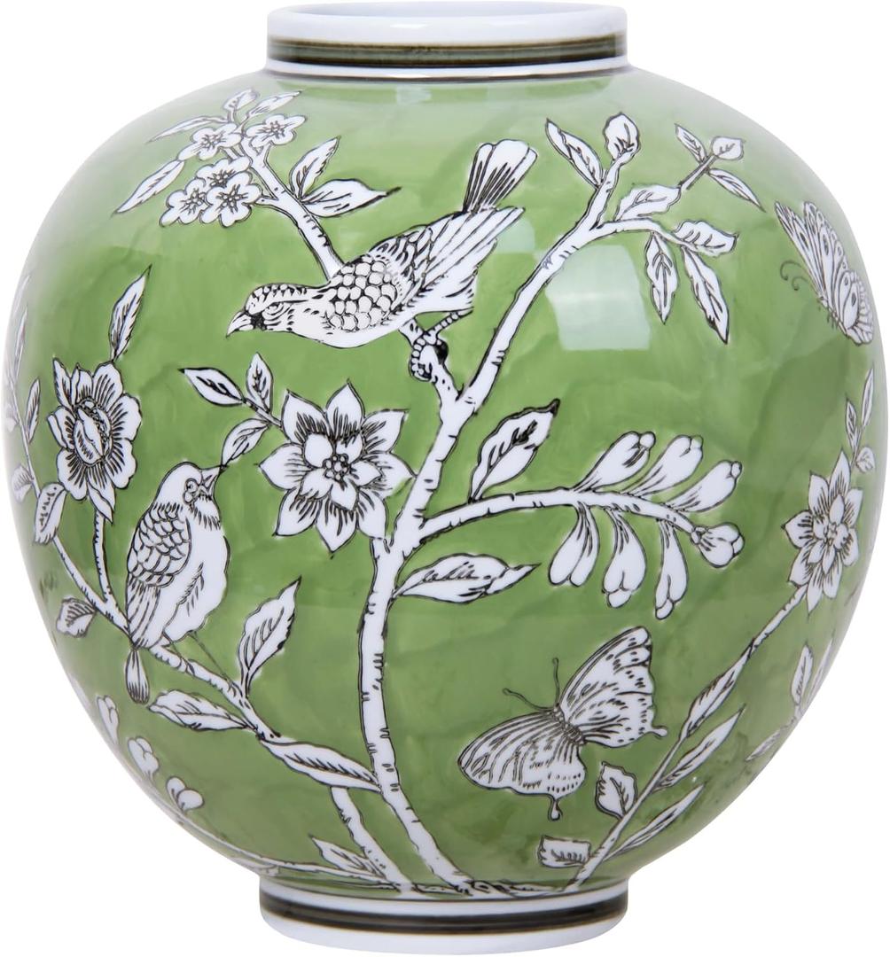 Large Ceramic Vase, 10.8 Inch Green Decorative Vases for Living Room, Hand-Painted Chinoiserie Decor Round Vase with Antique Floral-Bird Pattern, Porcelain Vase for Flowers Arrangement