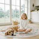 Round Boho Nursery Rug 8ft Pink Floral – Soft Washable Circle Rug for Girls Bedroom, Non-Slip Kids Carpet for Playroom & Baby Crib Area