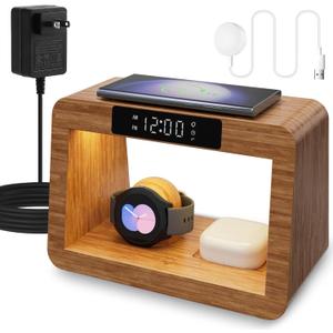 Bamboo Wireless Charging Station, 5 in 1 Charging Station with Light & Clock for Samsung & Android Phone, Wireless Phone Charger Station Only for Samsung Watch