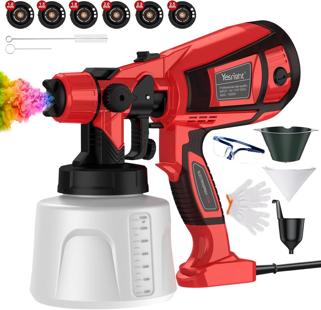 1000W Paint Sprayer for House Painting 32000RPM Spray Paint Gun with Adjustable 3 Patterns, 1400ml High Capacity Electric Spray Gun with 6 Nozzles Goggles for Fence Furniture Cabinets Home