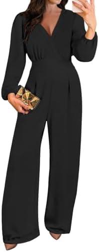 Pink Queen 2026 Jumpsuits for Women Dressy Long Sleeve V Neck Wide-Leg Romper Business Casual Outfits L