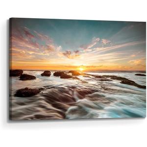 Artitude Beach Sunset Wall Art Canvas: Rocky Wave Picture Bedroom Modern Sea Ocean Landscape Painting Print Living Room Coastal Seaside Scene Photography Artwork for Home Office Decor, 36"L x 24"W
