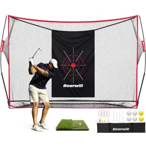 Golf Net, 10x7ft Heavy Duty Golf Practice Nets with Mat, Target Cloth, 8 Tees, 6 Balls, Carry Bag for Backyard Driving Chipping Indoor Outdoor Training