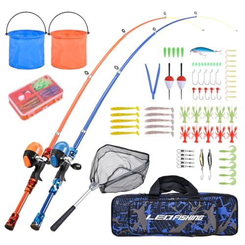LEOFISHING Portable Kids Fishing Rod Set 2Pack Telescopic Fishing Poles for Boys and Girls Fishing Rod and Reel Combos with Full Kits Fishing Net and Bucket for Toddler Youth (Blue and Orange)