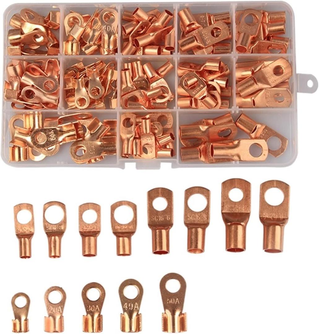 Ring Terminals 130pcs Mix SC Bare Copper Lugs Terminals OT Type 10A 20A 30A 40A 50A Wire Terminal Crimp Open Mouth Cable End Connector Splice