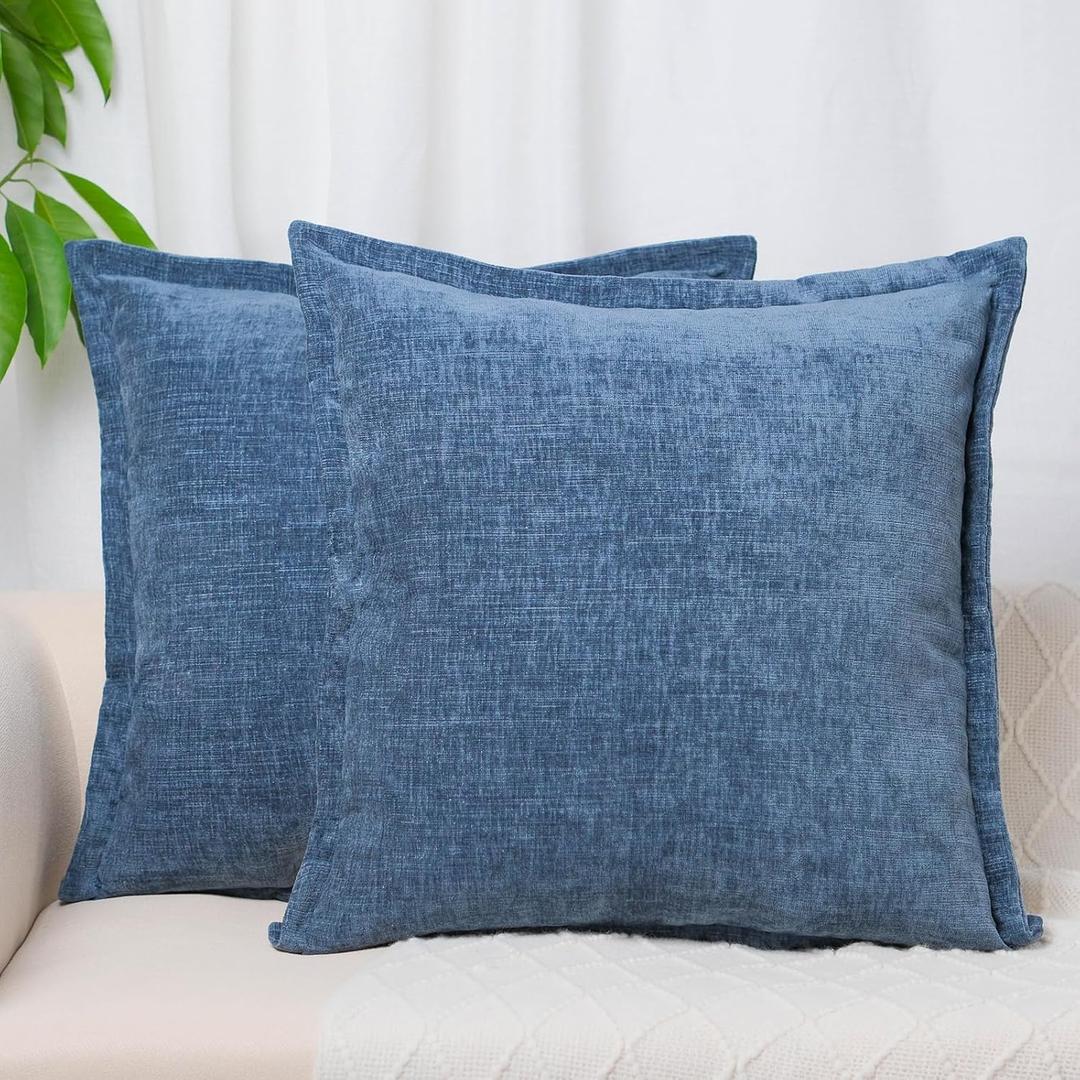 Pack of 2, Blue Chenille Throw Pillow Covers 24x24 Inch Decorative Pillowcase Boho Farmhouse Cushion Covers Soft Couch Cushion Case for Couch Sofa Bedroom Living Room
