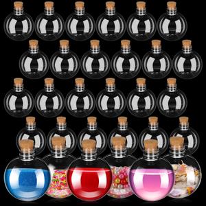 30 Pcs Plastic Potion Bottles with Corks, Spherical Sand Art Bottles 7 Oz Ball Shape Clear Candy Jar for Halloween Christmas Birthday Party Favor Gift Crafts Decoration
