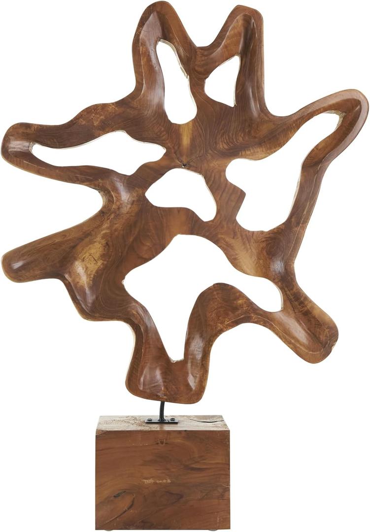 Deco 79 Teak Wood Abstract Decorative Sculpture Cutout Home Decor Statue with Block Base, Accent Figurine 22" x 4" x 31", Brown