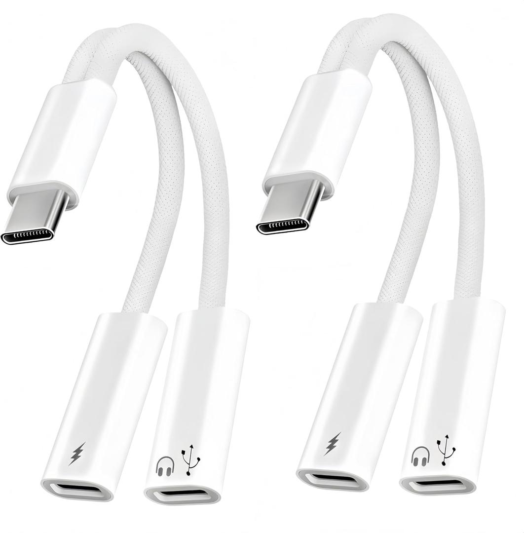 2Pack USB C Splitter 1 in 2 Out, Dual UsbC Charger and Headphone Adapter, USBC Splitter PD 60W Fast Charging, Type C Audio Adapter USB-C Dongle Cable for Apple iPhone 15 16 17/iPad Pro/Galaxy/Pixel