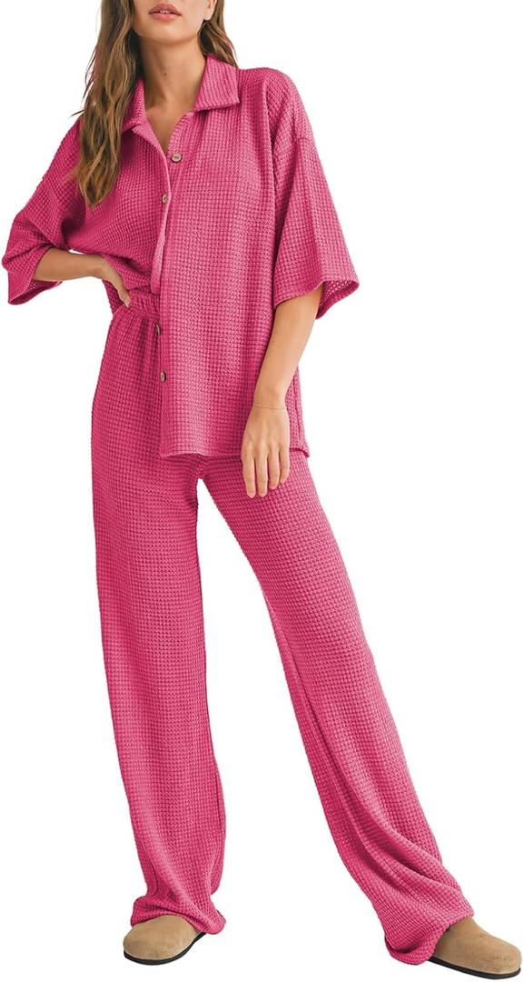 SHEWIN Women's 2 Piece Outfits Waffle Knit Lounge Sets Casual Short Sleeve Button Down Sleepwear Pajamas Set, S