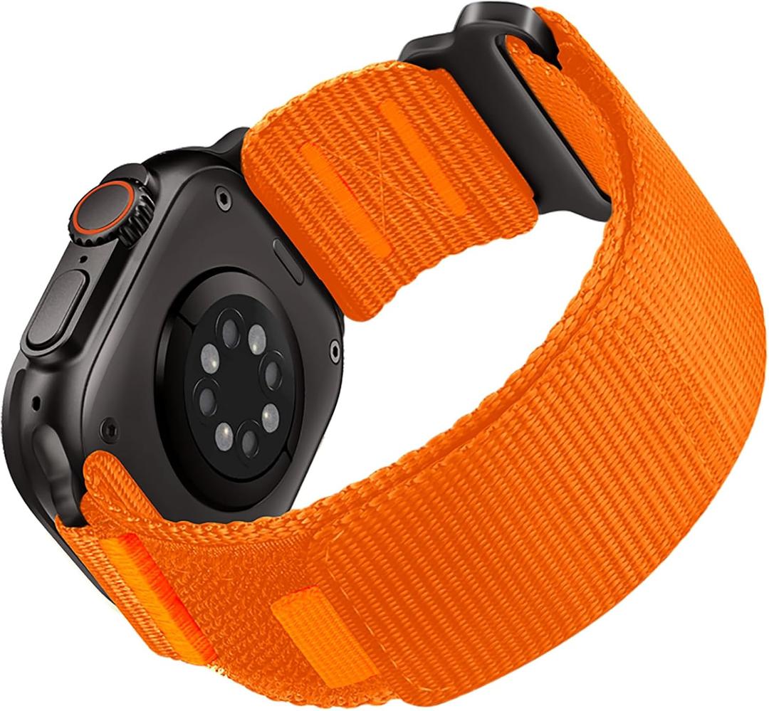 Rugged Nylon Band Compatible with Apple Watch Ultra 3/2/1 Band 49mm 46mm 45mm 44mm 42mm Men, Sport Loop Strap for iWatch Ultra Series 11/10/9/8/7/6/5/4/3/2/1 SE 3 2 1 (L, Orange/Black)