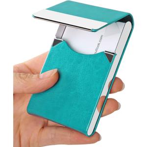 JuneLsy Professional PU Leather Business Card Holder Case Metal Name Card Holder Pocket Business Card Carrier for Men & Women with Magnetic Shut (S-Light blue)