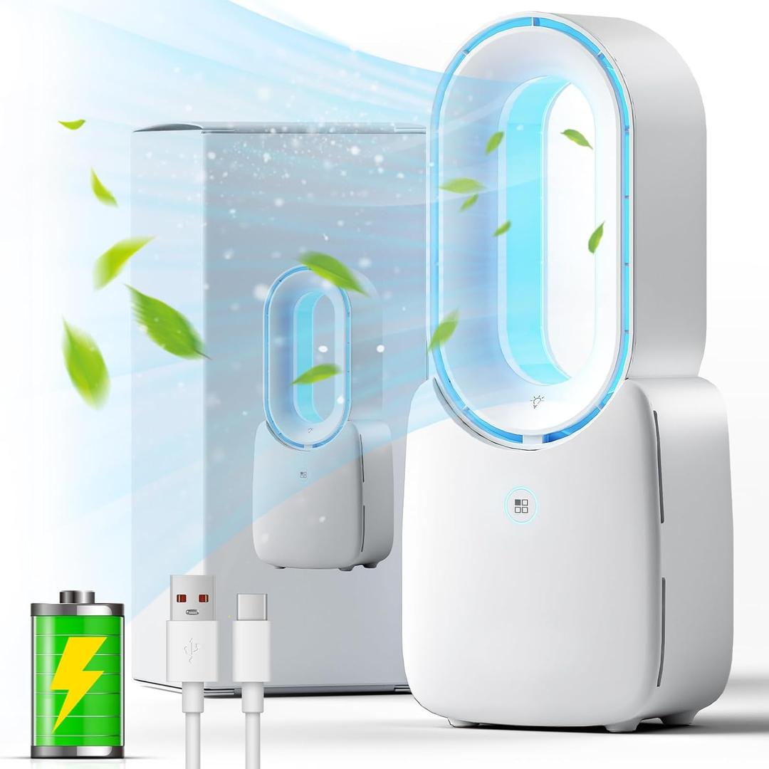 Misby Rechargeable Desk Fan, 5-color LED Light Bladeless Table Fan of 11.8 Inch, White Desk Fans Small Quiet for Bedroom, Home, Office