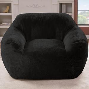 Giant Bean Bag Chair for Adults, Large Memory Foam BeanBag Chairs, Oversized Bean Bag Sofa with Filler, Faux Fur Big Reading Chair Comfy Floor Sofa Chair (Black) (Single)