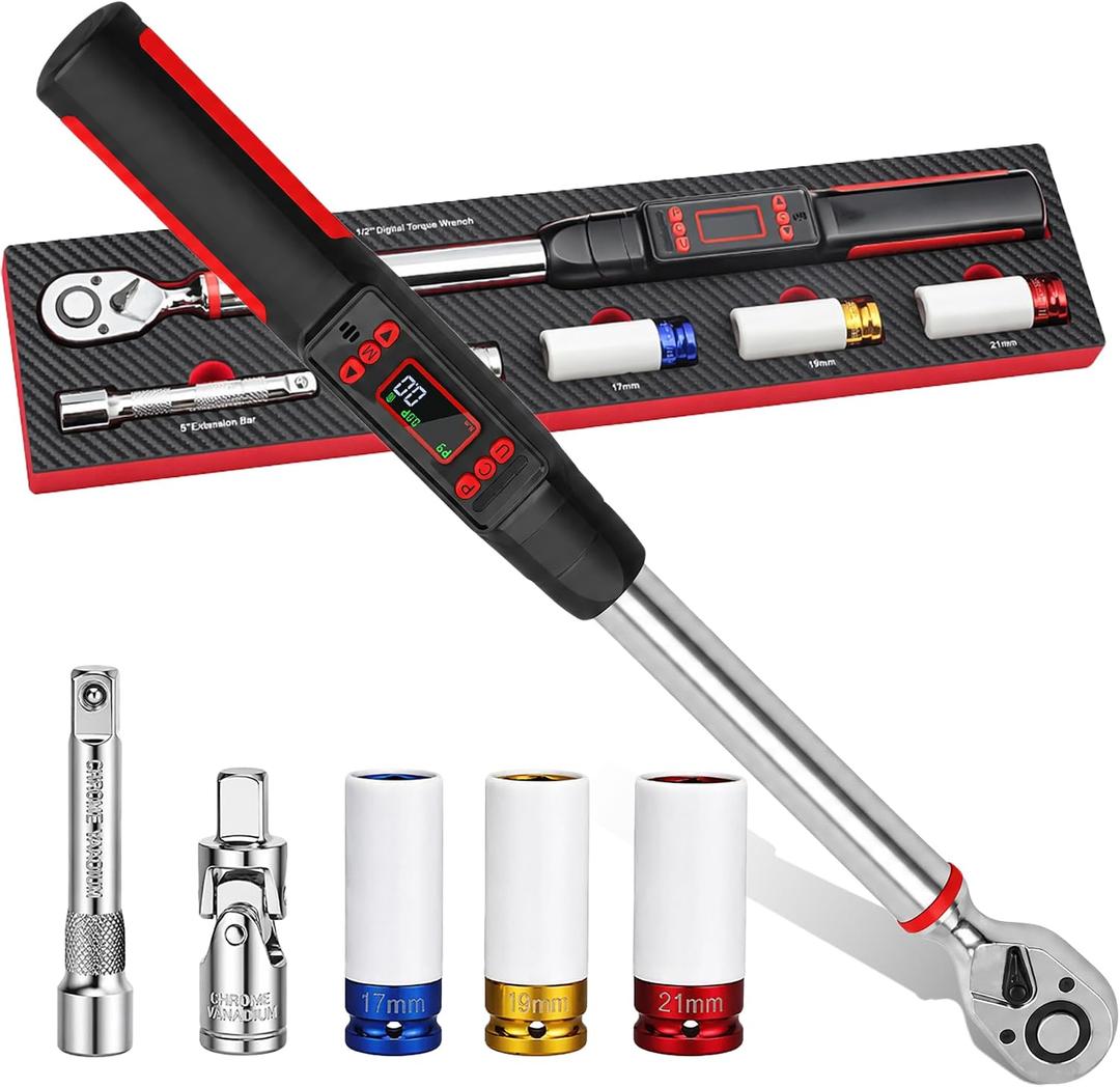 1/2" Digital Torque Wrench Set 6Pcs, 14.7-295Ft-lb(20-400Nm) ±2% Acc, Triple Vib/Beep/LED Alert, 5 Units, Torque Preset, Non-Marring Sockets, Ext Bar, Hard Case, Car Truck RV Tire Suspension Tool