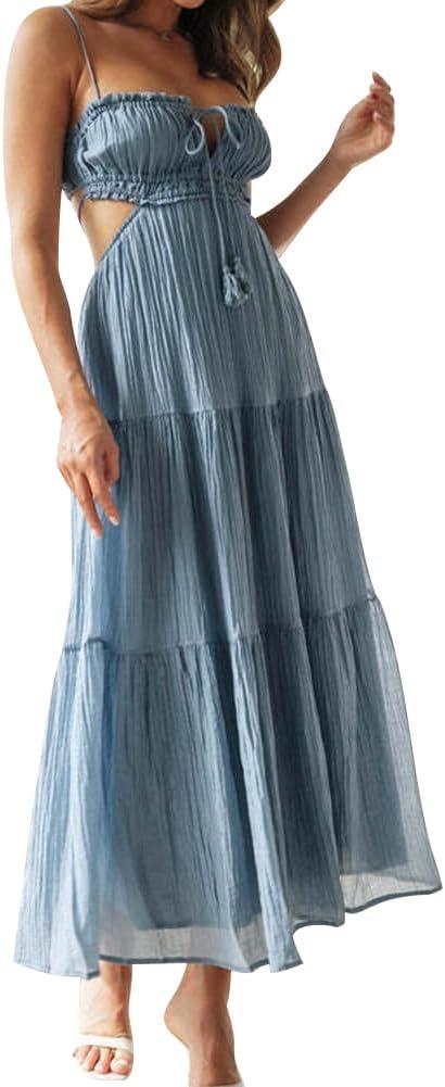 Women's Sexy Spaghetti Strap Maxi Dress Summer Sleeveless Side Cut Out Dress Casual Boho Backless Flowy Long Dresses (Medium, Blue)