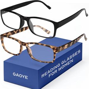 Gaoye +1.5 2-Pack of Reading Glasses for Women - Blue-Light Filter, UV Protection - Readers with Rectangle Frames (1 Black + 1 Leoparde)