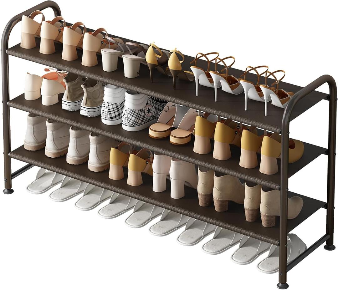 INGIORDAR Shoe Rack 3 Tier Long Storage Organizer Wide Metal Shoe Shelf for Closet Entryway Brown