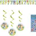 Bluey Birthday Party Supplies Bundle includes 1 Happy Birthday Banner , 3 Hanging Swirl Decorations, 1 Dinosaur Sticker Sheet