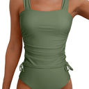 Aleumdr Womens Retro Ruched Two Piece Strappy Tummy Control Swimwear Tie Side Tankini Bathing Suit Set (M)