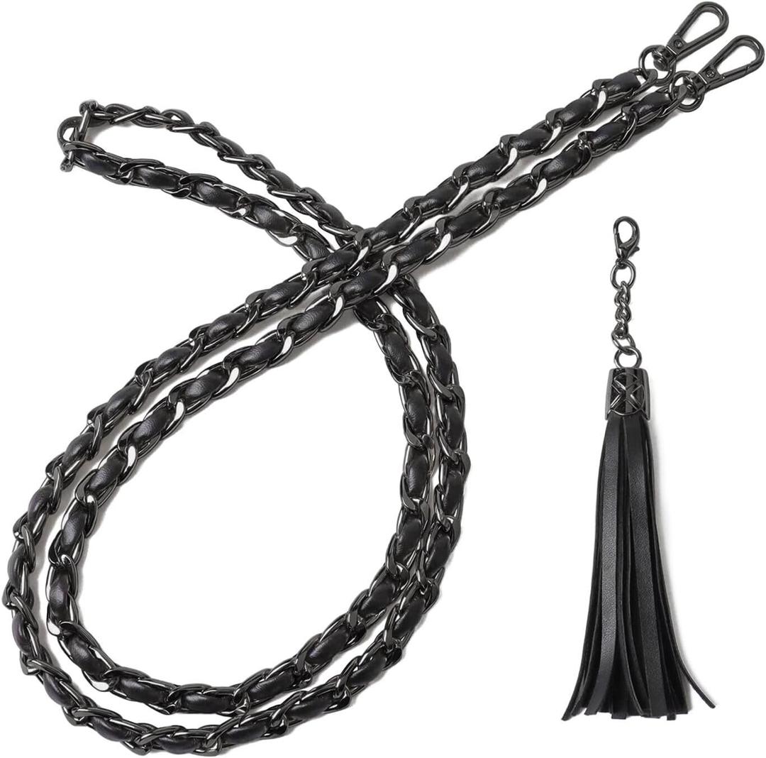 BEAULEGAN Purse Chain Strap - Microfiber Leather - Replacement for Crossbody Shoulder Bag - 51 Inch Long, Black/Gunmetal Black