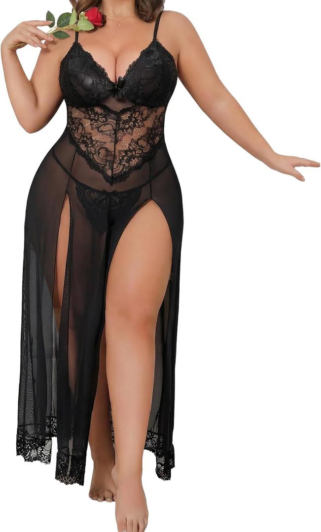 Plus Size Lingerie For Women Babydoll Sexy Mesh Maxi Nightdress Exotic Sleepwear Side Slits (5X-Large, Black)