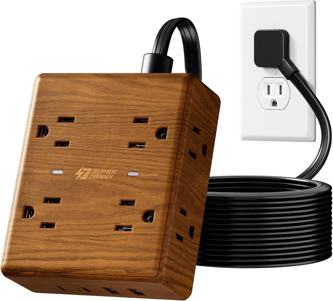 Brown Extension Cord 10Ft, Flat Plug Power Strip Surge Protector, 8 Outlets & 4 USB Ports (2 USB C), Desktop Charging Station Hidden Behind Furniture, Decorative Office Desk Accessories (Walnut Wood)