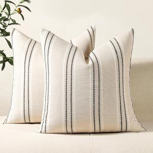 Hckot Hand Made Decorative Pillow Covers 18x18 Striped Throw Pillows Textured Linen Pillow Covers Farmhouse Decor Cushion Covers for Couch Bed Living Room, Black